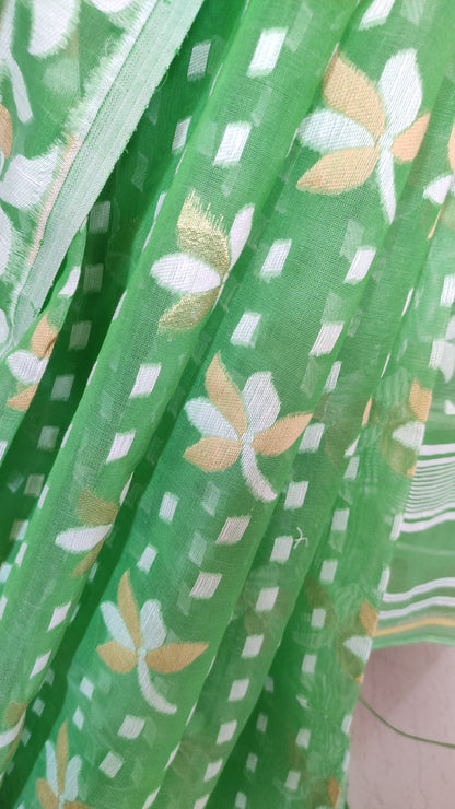 Jamdani Inspired Green Silk Cotton Thread Worked Saree