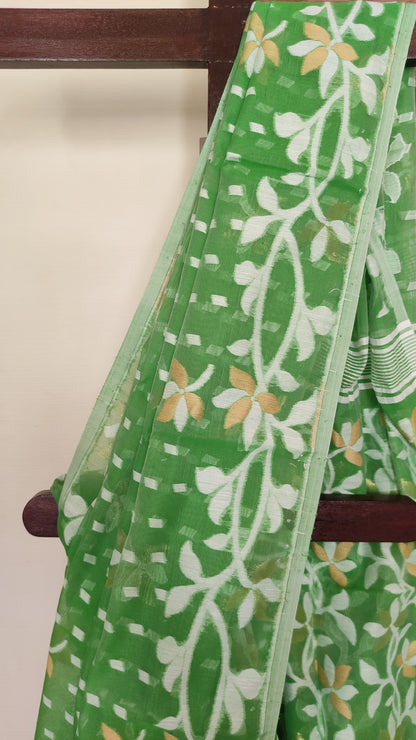 Jamdani Inspired Green Silk Cotton Thread Worked Saree