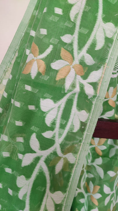 Jamdani Inspired Green Silk Cotton Thread Worked Saree