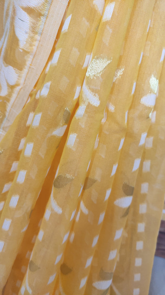 Jamdani Inspired Yellow Silk Cotton Thread Worked Saree