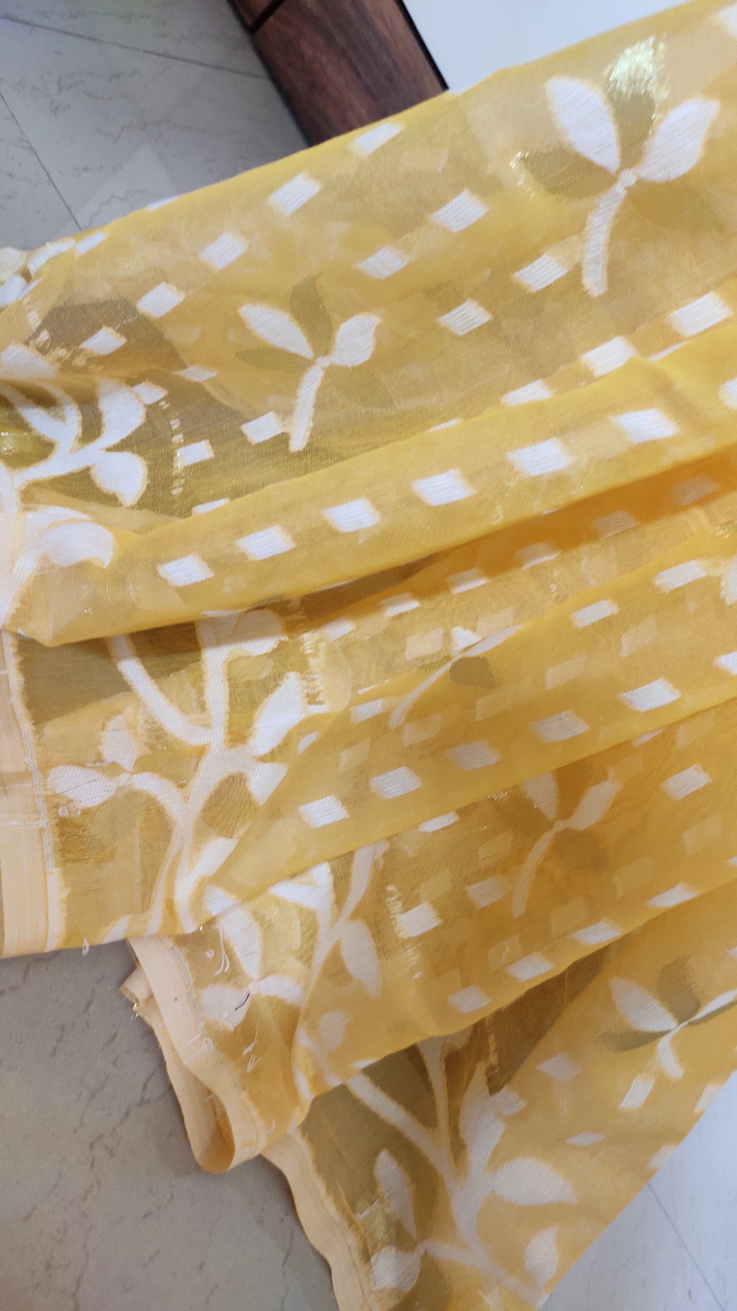 Jamdani Inspired Yellow Silk Cotton Thread Worked Saree