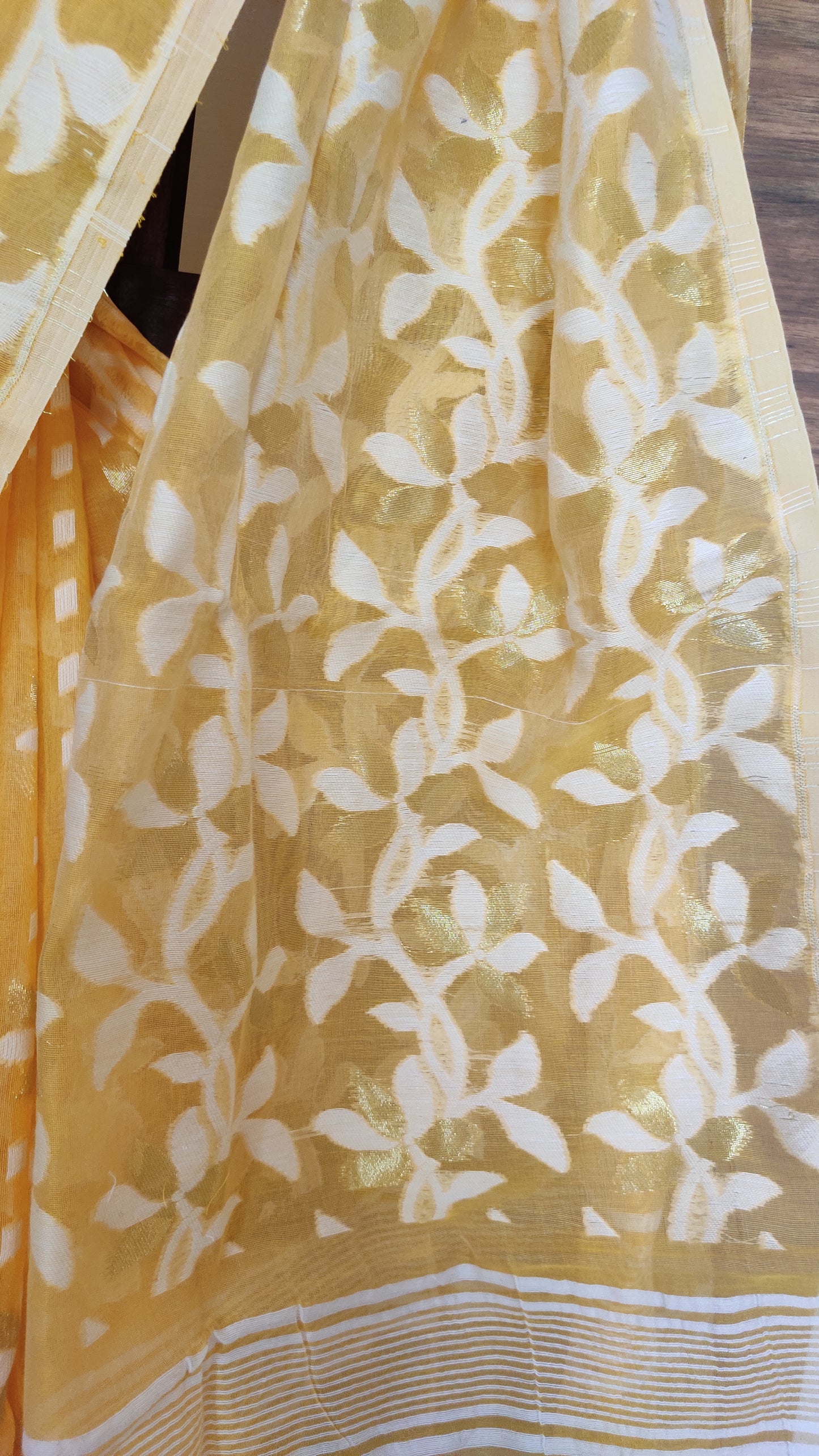 Jamdani Inspired Yellow Silk Cotton Thread Worked Saree