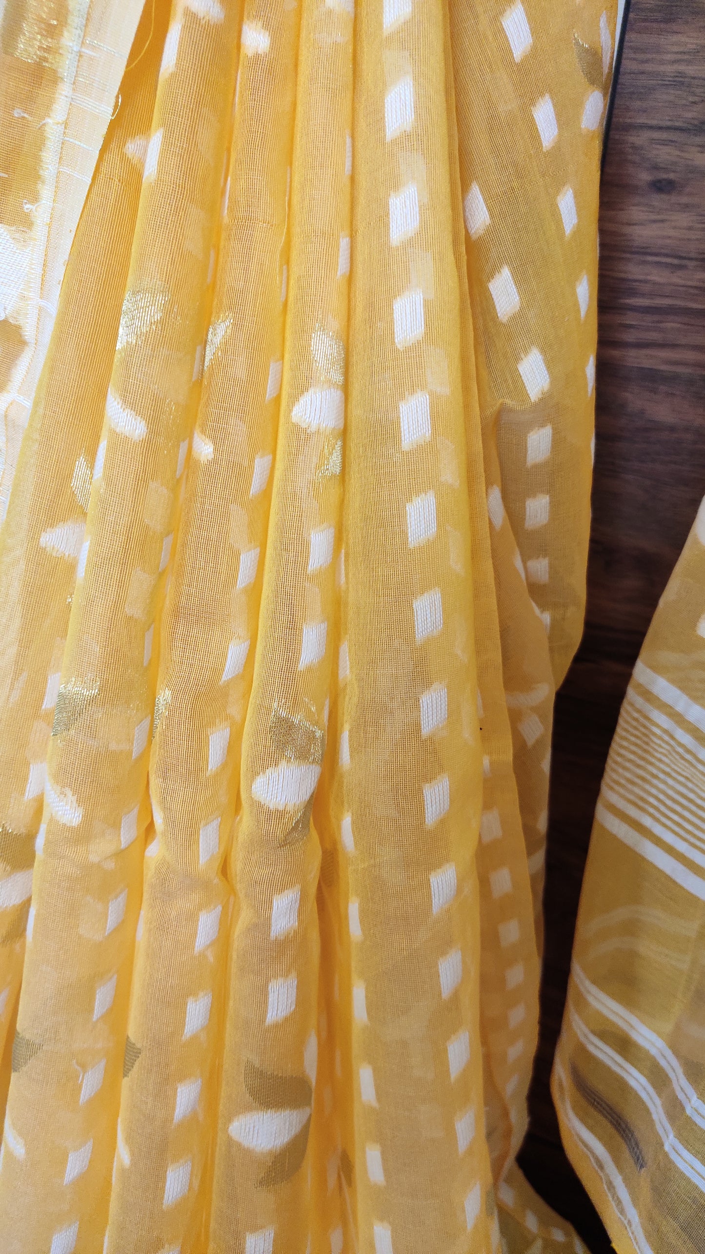 Jamdani Inspired Yellow Silk Cotton Thread Worked Saree