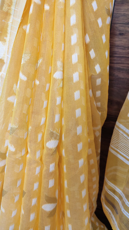 Jamdani Inspired Yellow Silk Cotton Thread Worked Saree