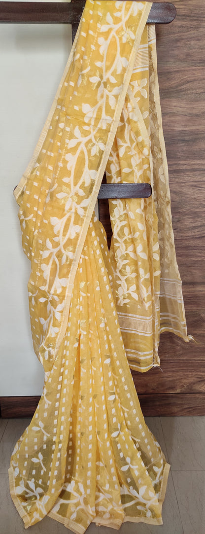 Jamdani Inspired Yellow Silk Cotton Thread Worked Saree