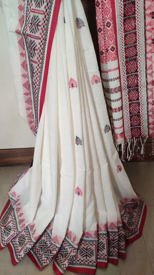 Pure Cotton Soft Assam Style White-Red Handloom Saree