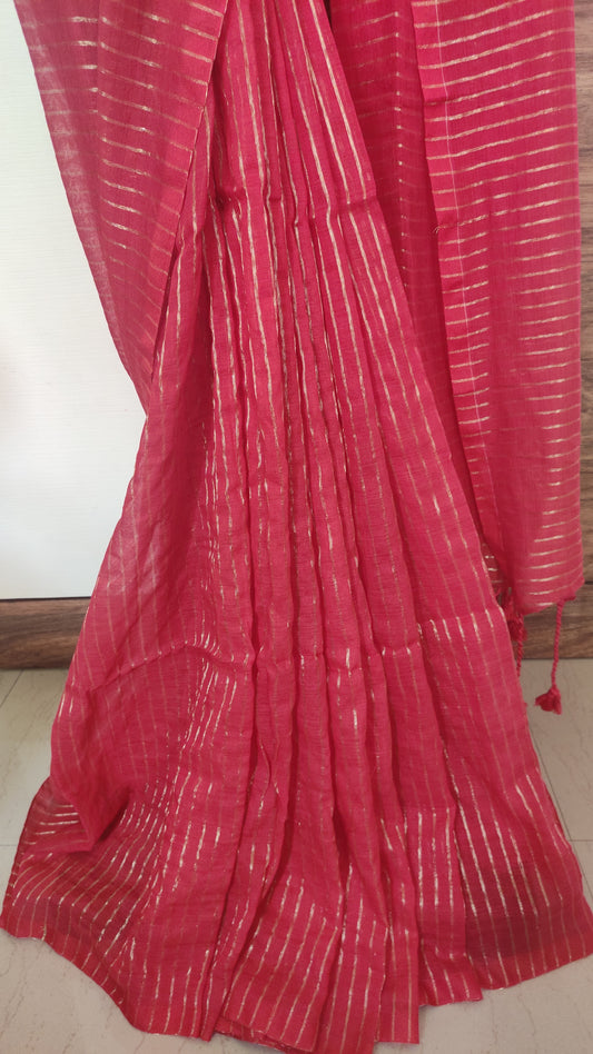 Red Mul Cotton Vertical zari stripped Saree
