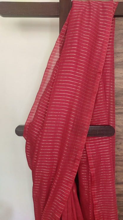 Red Mul Cotton Vertical zari stripped Saree