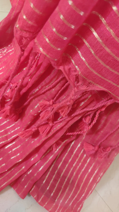 Red Mul Cotton Vertical zari stripped Saree