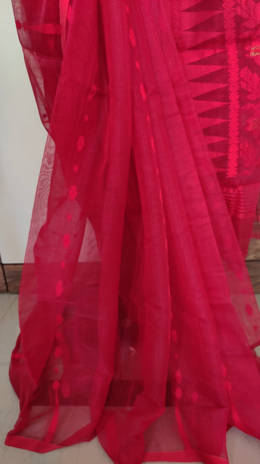 Red Silk Cotton Threaded motif done Jamdani Inspired Saree