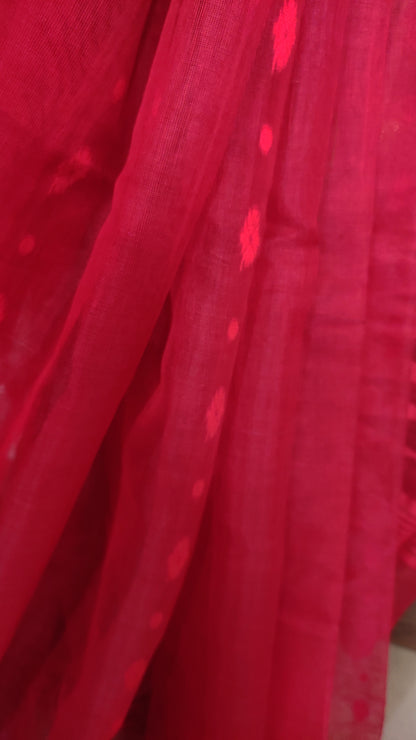 Red Silk Cotton Threaded motif done Jamdani Inspired Saree