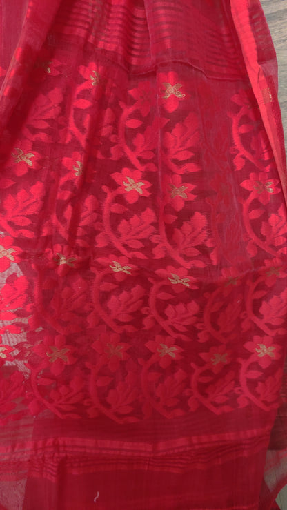 Red Silk Cotton Threaded motif done Jamdani Inspired Saree