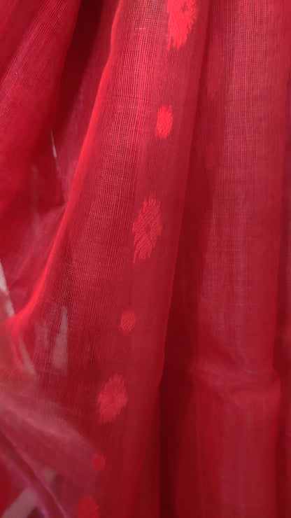 Red Silk Cotton Threaded motif done Jamdani Inspired Saree