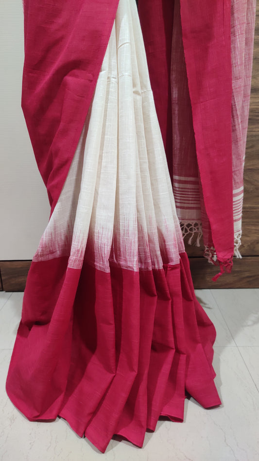 White-Red ikkat blended Plain border Linen Khadi Handloom Saree
