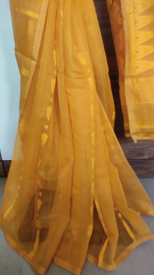Mustard Yellow Silk Cotton Threaded motif done Jamdani Inspired Saree