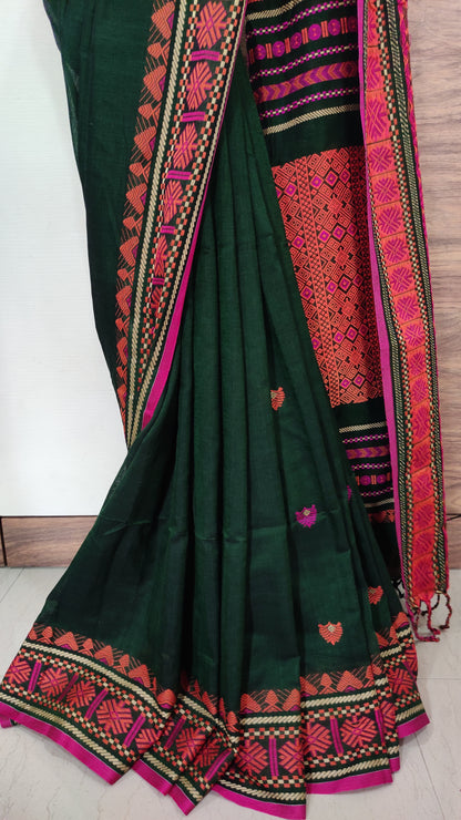 Pure Cotton Soft Assam Style Bottle Green Handloom Saree