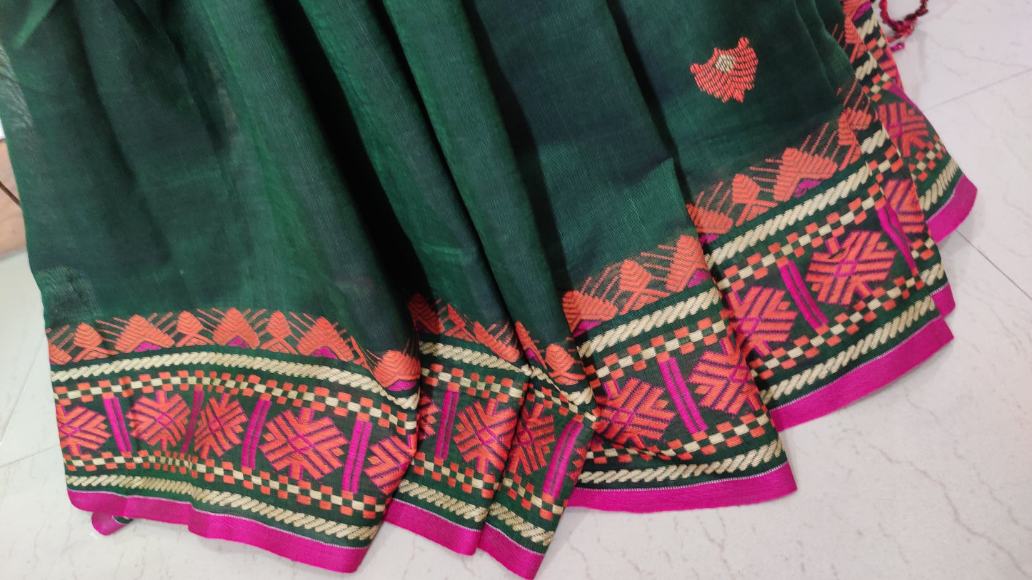 Pure Cotton Soft Assam Style Bottle Green Handloom Saree