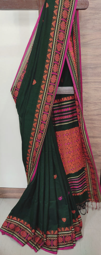 Pure Cotton Soft Assam Style Bottle Green Handloom Saree