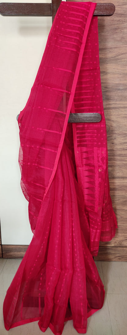 Red Silk Cotton Threaded motif done Jamdani Inspired Saree