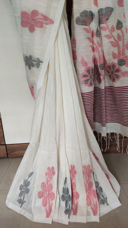 White Slab Cotton Threaded Red & Black Floral motif done border saree