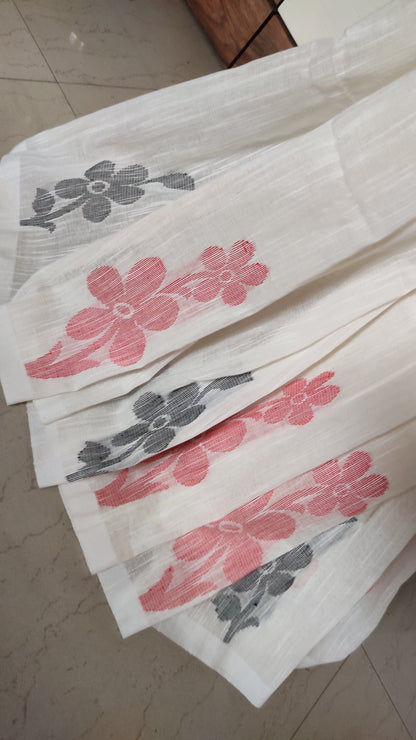 White Slab Cotton Threaded Red & Black Floral motif done border saree