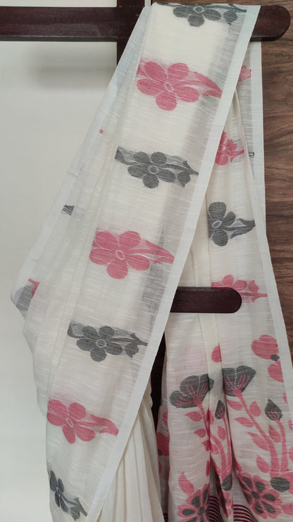 White Slab Cotton Threaded Red & Black Floral motif done border saree