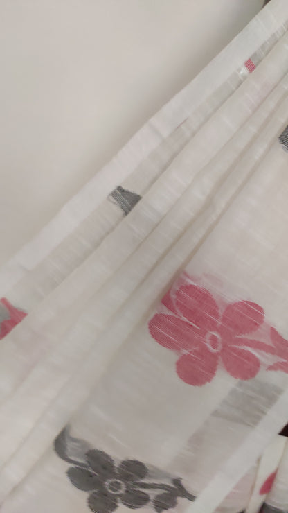 White Slab Cotton Threaded Red & Black Floral motif done border saree