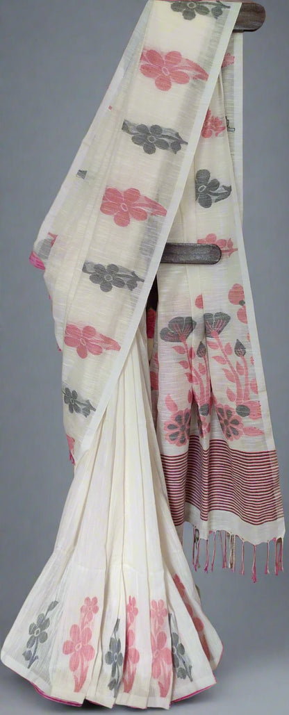 White Slab Cotton Threaded Red & Black Floral motif done border saree