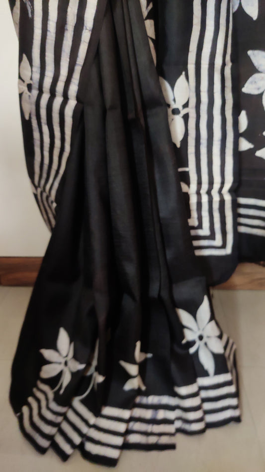 Eternal Black Siuli Phool Hand Batik Pure Silk Saree