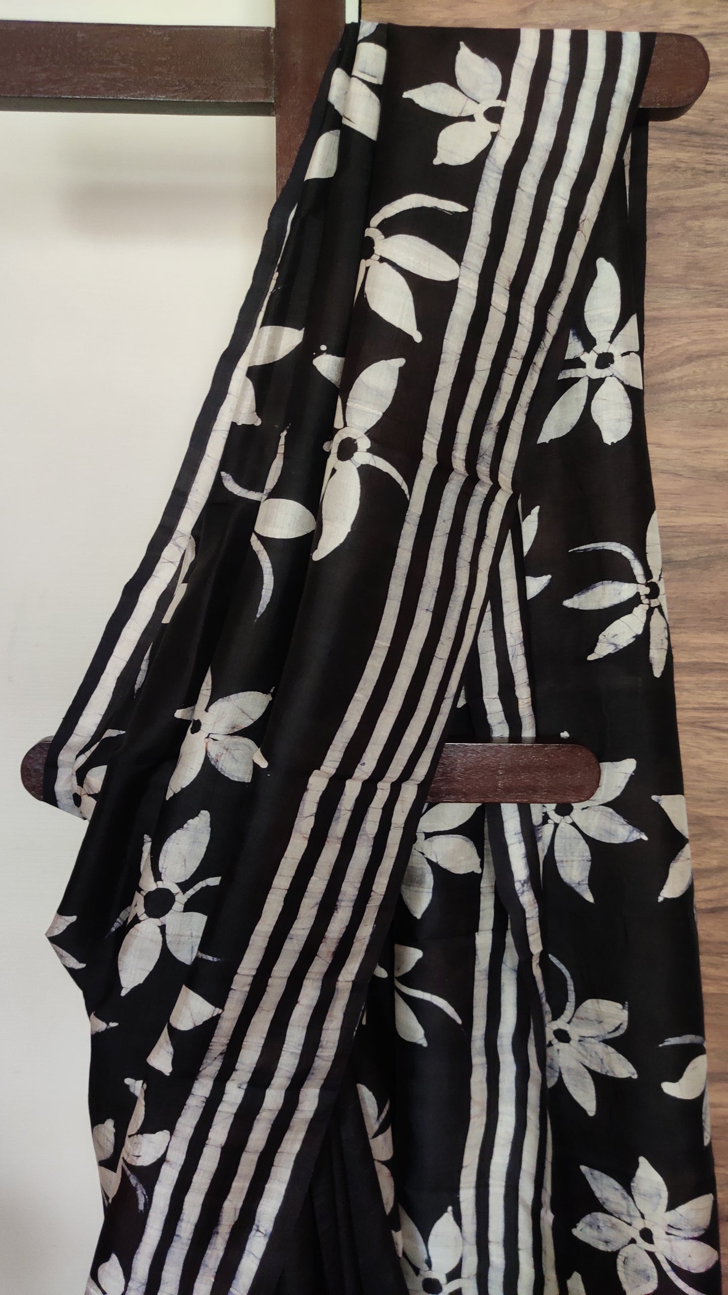 Eternal Black Siuli Phool Hand Batik Pure Silk Saree