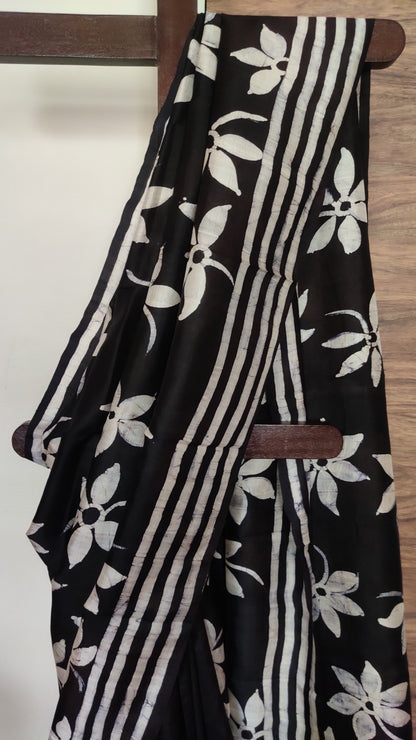 Eternal Black Siuli Phool Hand Batik Pure Silk Saree