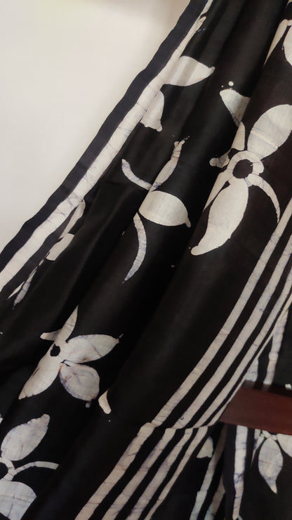 Eternal Black Siuli Phool Hand Batik Pure Silk Saree
