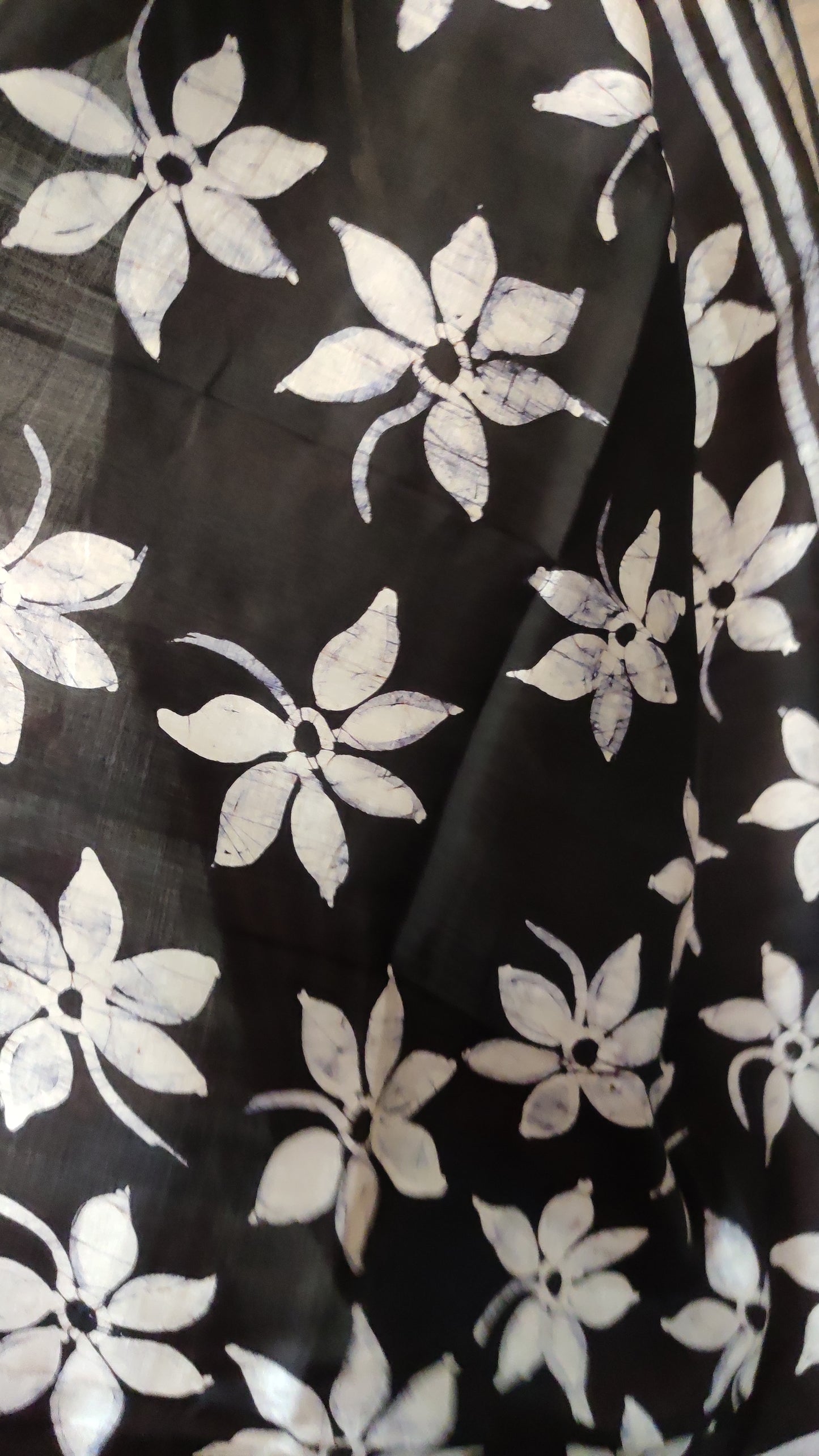 Eternal Black Siuli Phool Hand Batik Pure Silk Saree