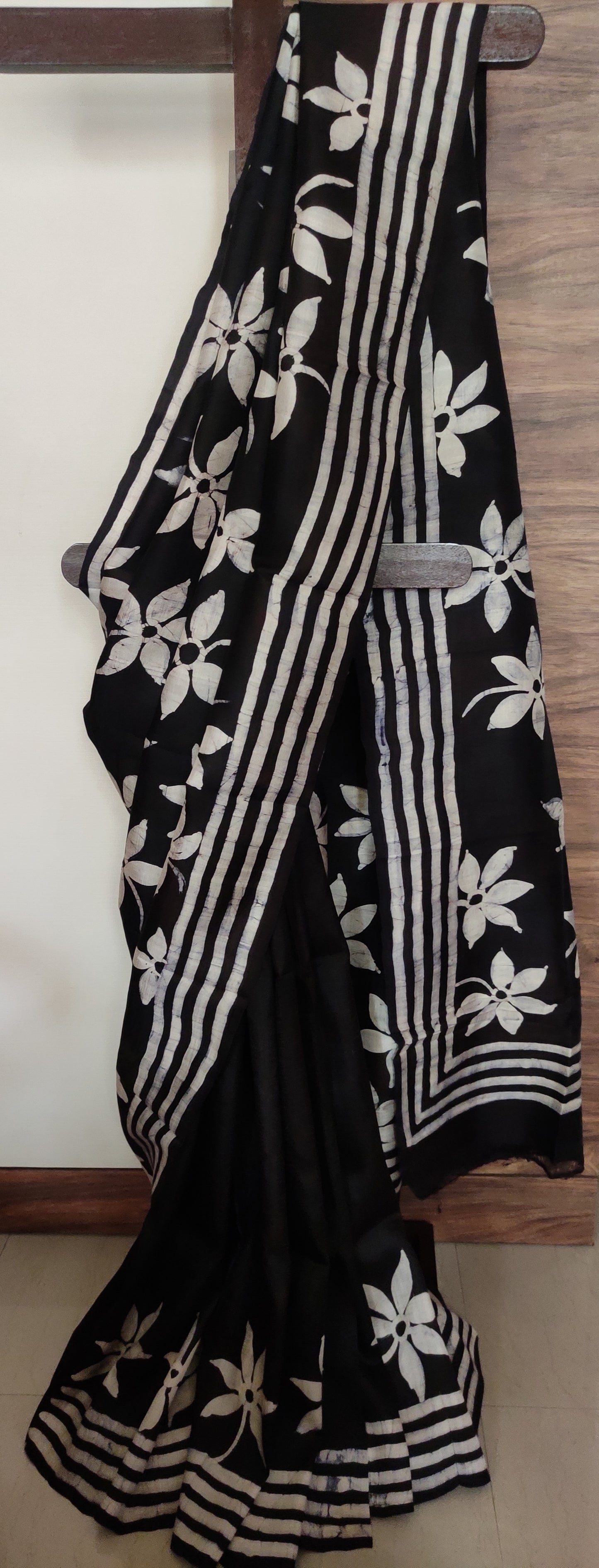Eternal Black Siuli Phool Hand Batik Pure Silk Saree