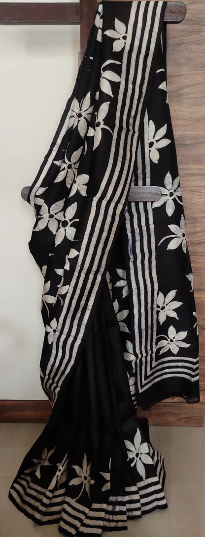 Eternal Black Siuli Phool Hand Batik Pure Silk Saree