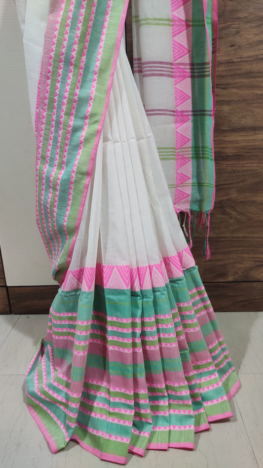 Begampuri Style White Khadi Cotton handloom Saree