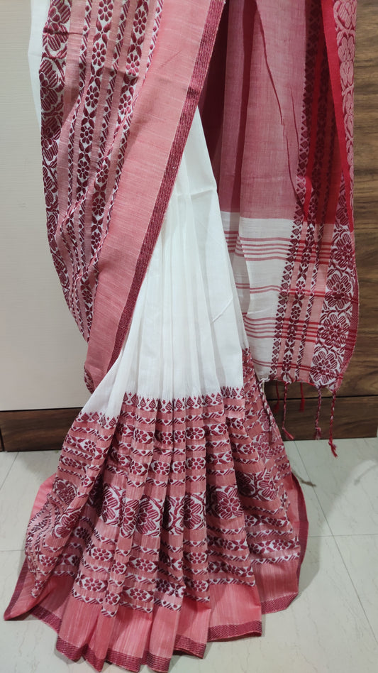 Begampuri Style White-Maroon Khadi Cotton handloom Saree