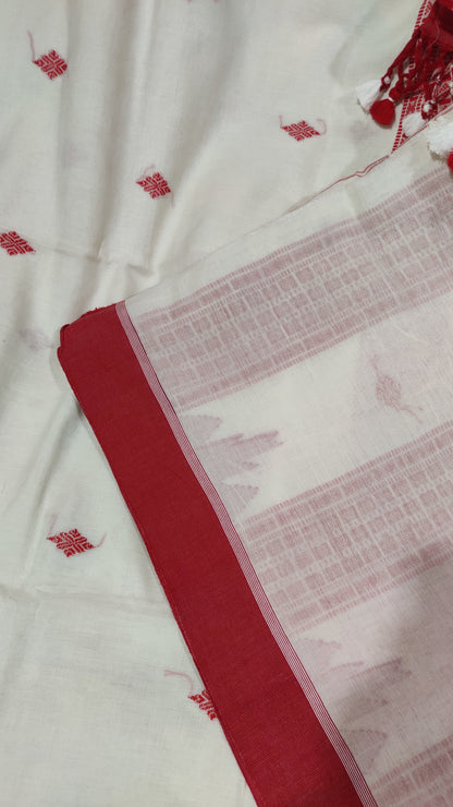 Vasudha - White Classic Cotton Saree With Red Temple Border