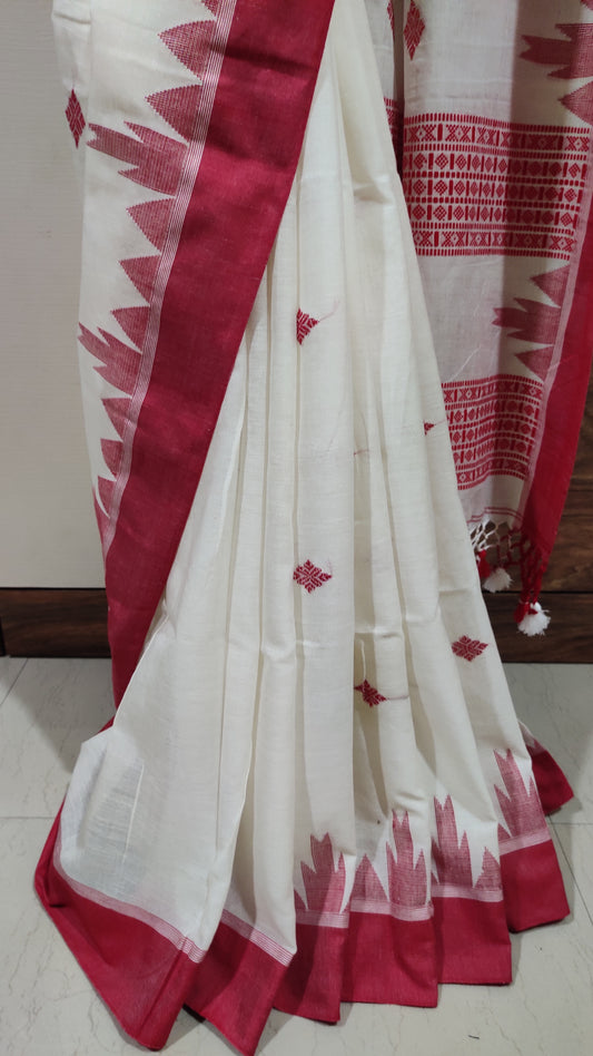 Vasudha - White Classic Cotton Saree With Red Temple Border