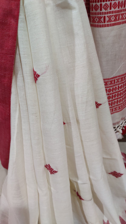 Vasudha - White Classic Cotton Saree With Red Temple Border