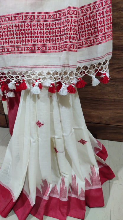 Vasudha - White Classic Cotton Saree With Red Temple Border
