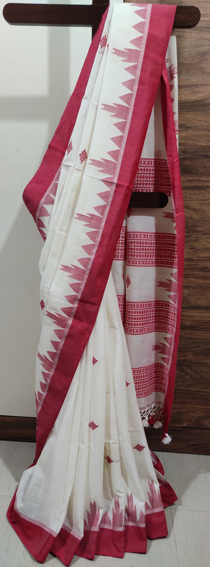 Vasudha - White Classic Cotton Saree With Red Temple Border