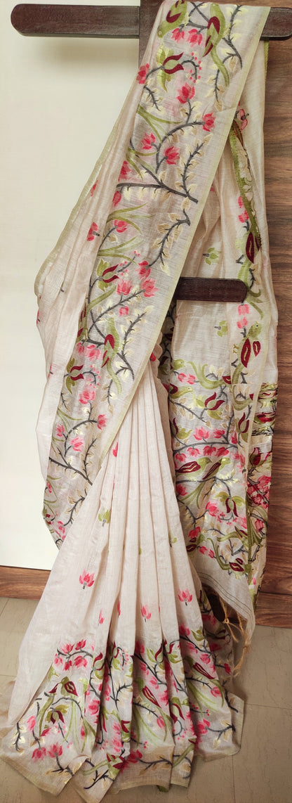 Mehendi Colour Threaded Jamdani work done Natural Shaded Tussar saree