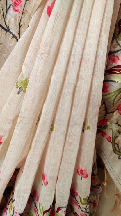 Mehendi Colour Threaded Jamdani work done Natural Shaded Tussar saree