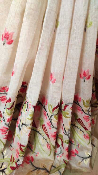 Mehendi Colour Threaded Jamdani work done Natural Shaded Tussar saree