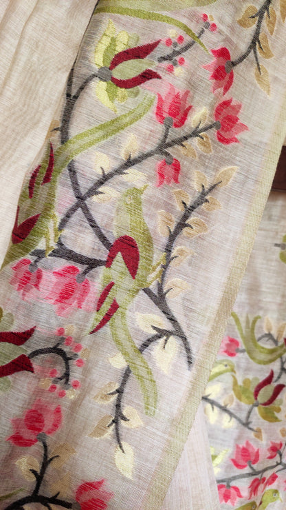 Mehendi Colour Threaded Jamdani work done Natural Shaded Tussar saree