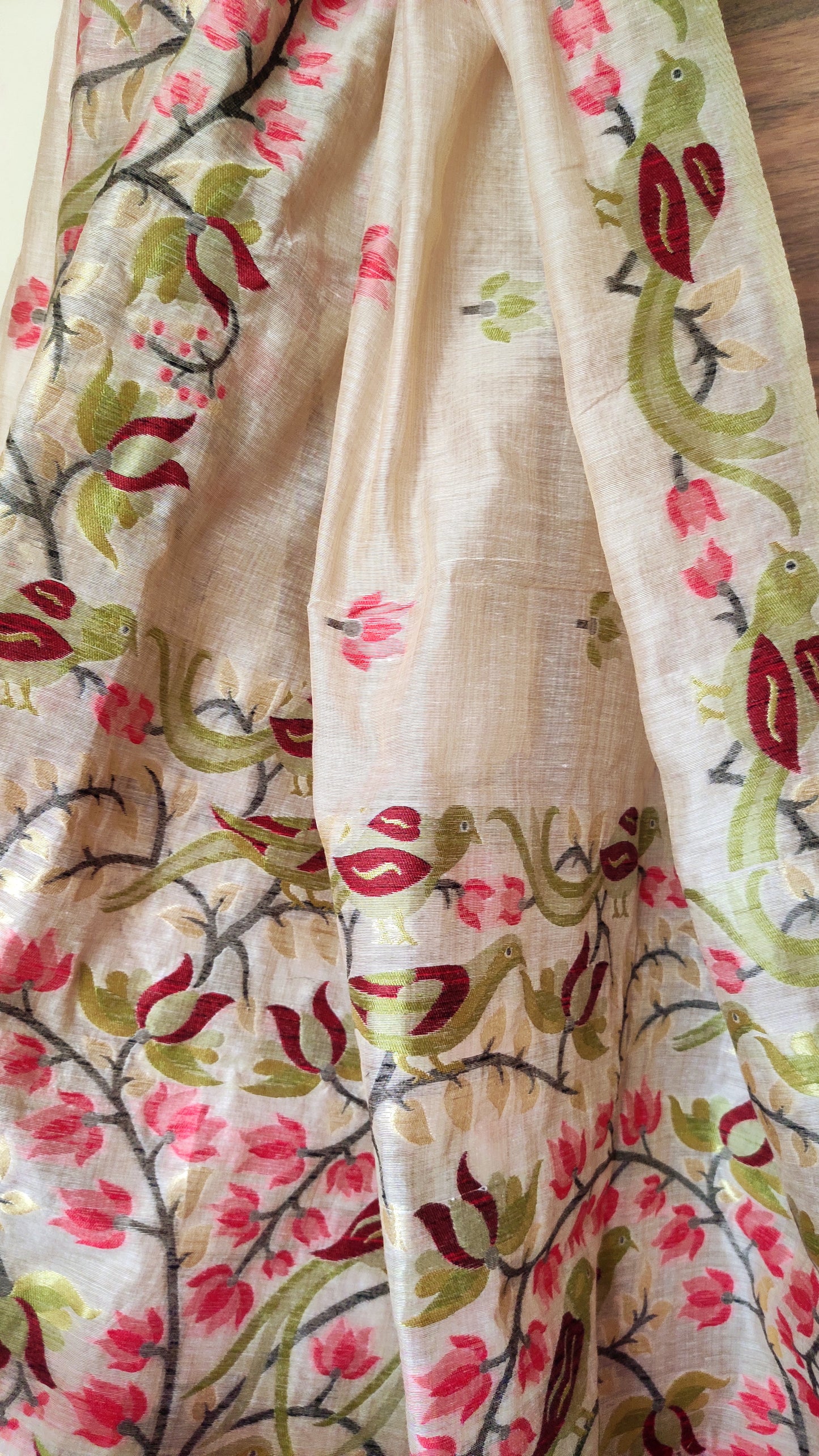 Mehendi Colour Threaded Jamdani work done Natural Shaded Tussar saree