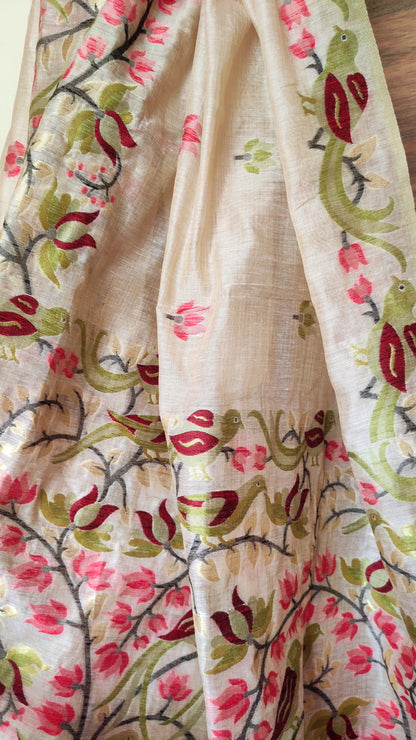 Mehendi Colour Threaded Jamdani work done Natural Shaded Tussar saree