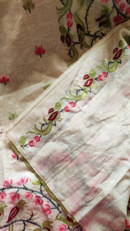 Mehendi Colour Threaded Jamdani work done Natural Shaded Tussar saree