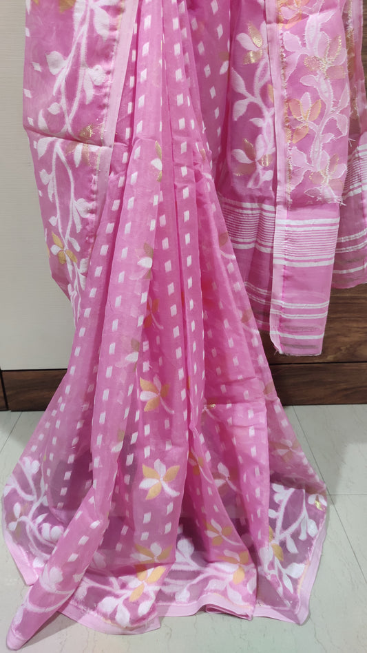 Jamdani Inspired Pink Silk Cotton Thread Worked Saree
